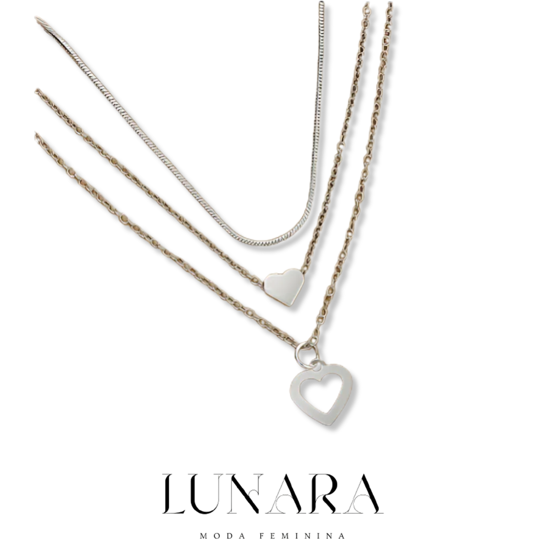 Colar Feminino Prata – Conjunto 3 Peças com Pingente Duplo