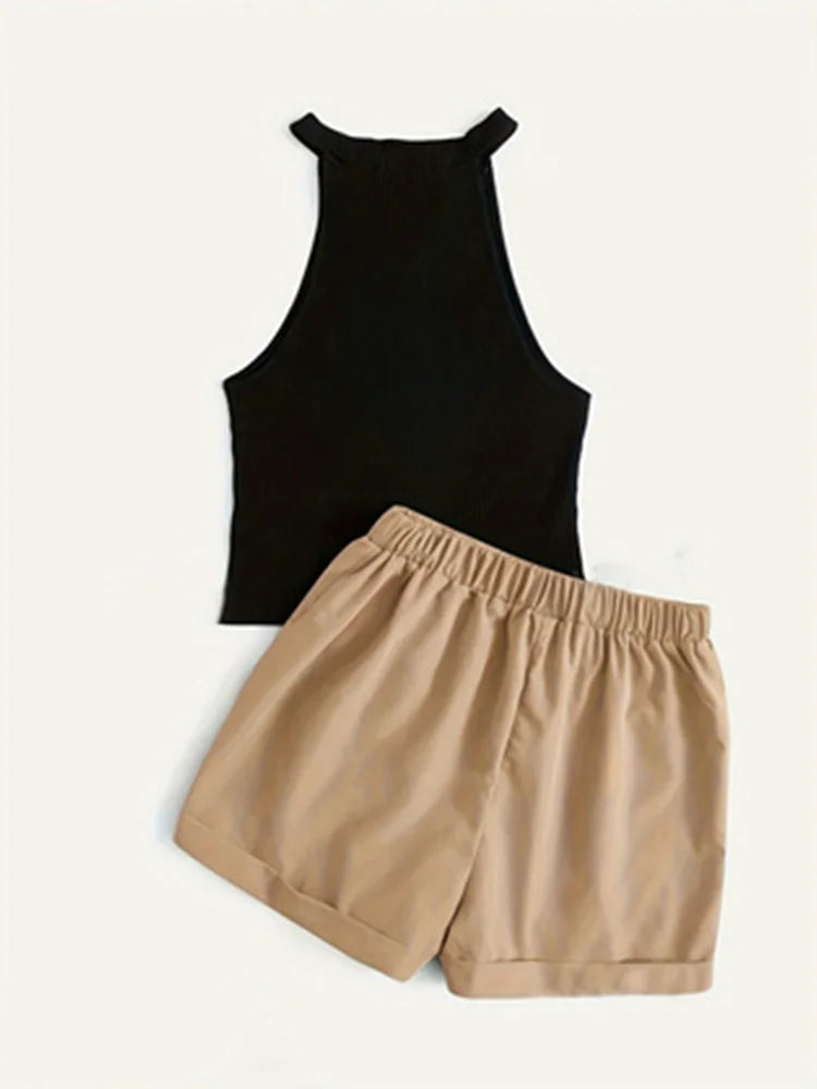 Conjunto Feminino Casual de Blazer sem Mangas e Shorts de Cintura Alta