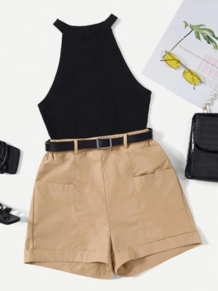 Conjunto Feminino Casual de Blazer sem Mangas e Shorts de Cintura Alta