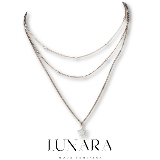 Colar Feminino Estilo Europeu e Americano – Multicamadas com Estrela e Lua