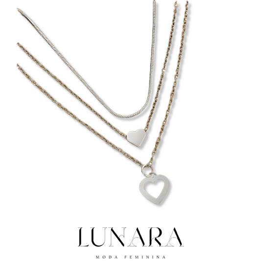 Colar Feminino Prata – Conjunto 3 Peças com Pingente Duplo
