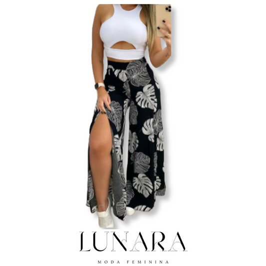 Conjunto Feminino com Estampa Tropical e Calça Larga