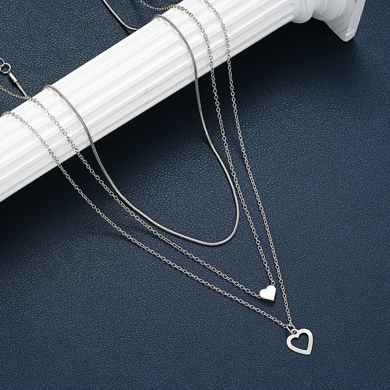 Colar Feminino Prata – Conjunto 3 Peças com Pingente Duplo