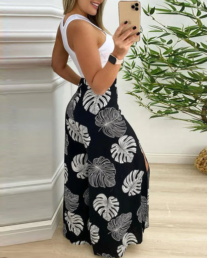 Conjunto Feminino com Estampa Tropical e Calça Larga