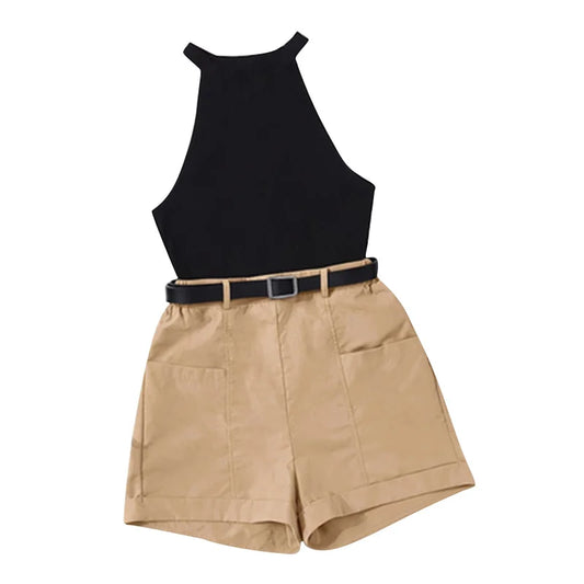Conjunto Feminino Casual de Blazer sem Mangas e Shorts de Cintura Alta