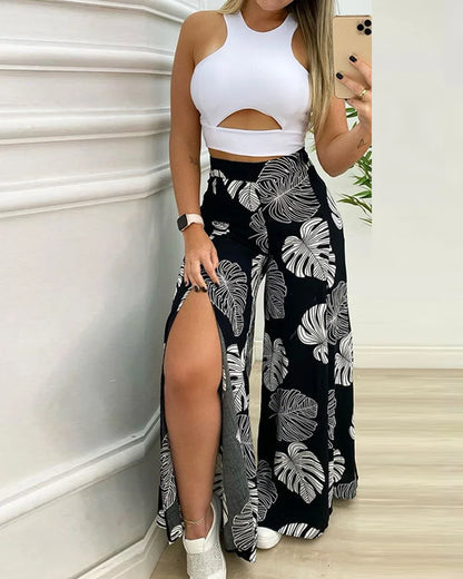 Conjunto Feminino com Estampa Tropical e Calça Larga